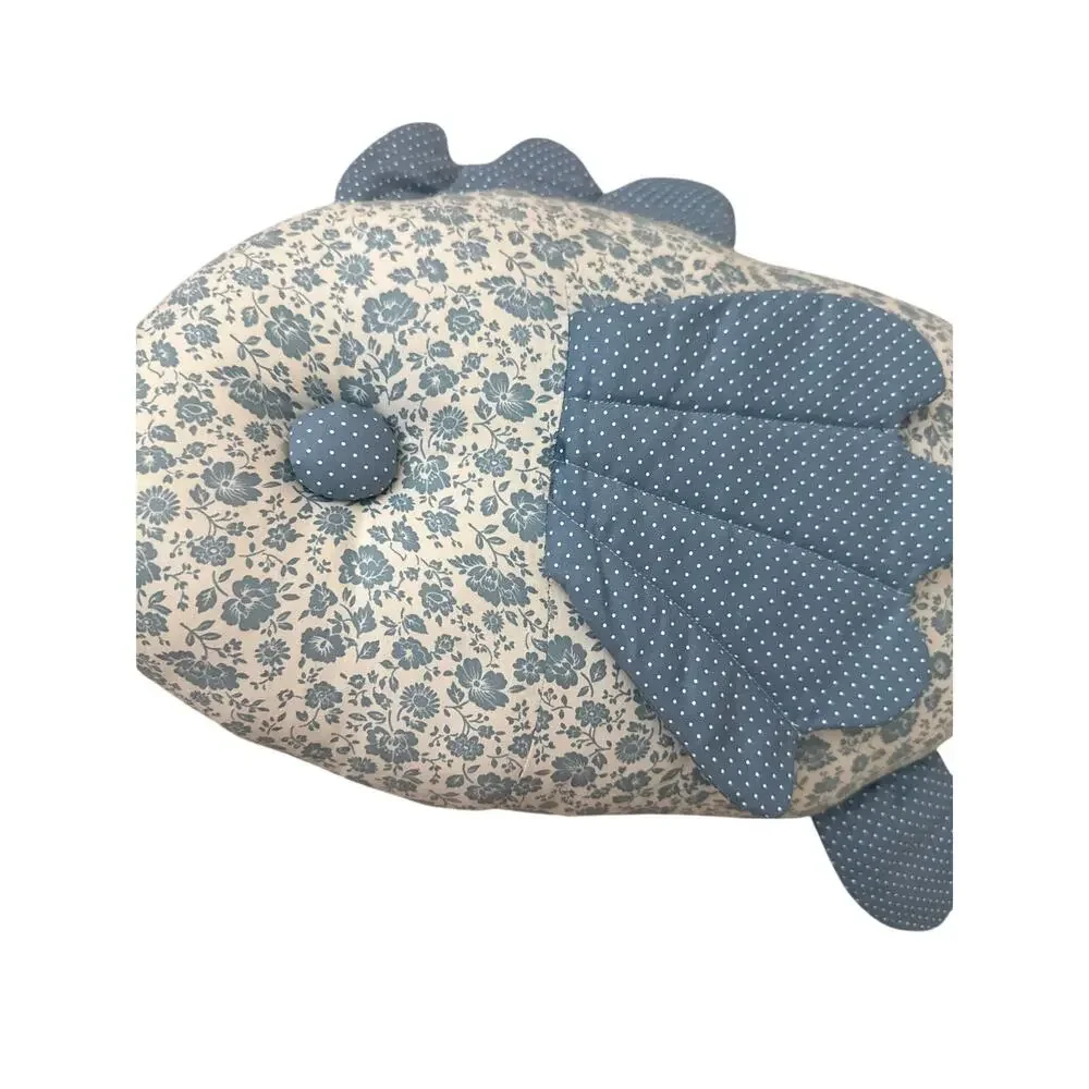 Handmade Blue Floral Fish-Shaped Pillow Cottagecore Coastal Decor